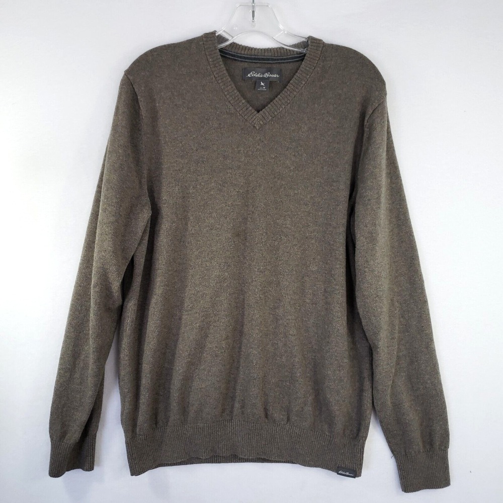 Eddie Bauer Sweater‎ Mens Medium Olive Merino Wool Blend V-Neck Casual Soft Knit